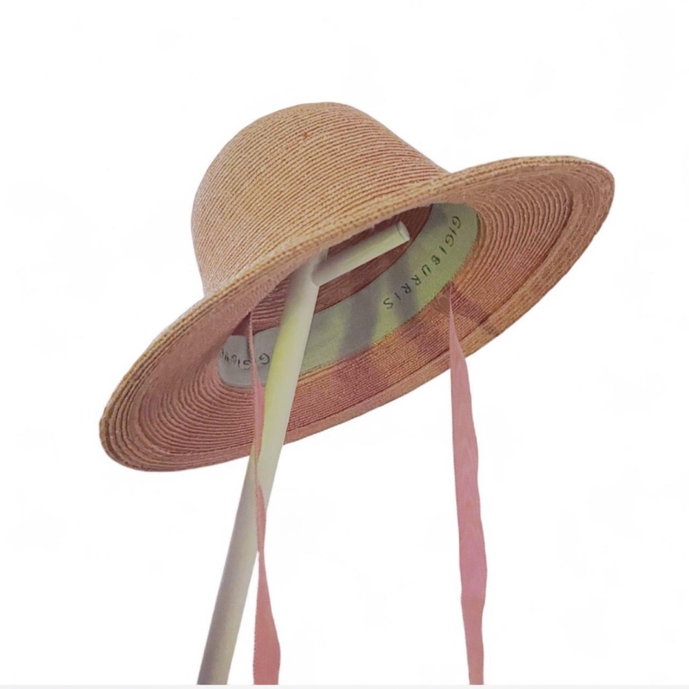 Elegant Pink Wide-Brim Hat With Pink Ribbon
